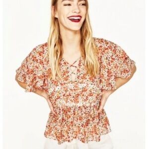 Zara Floral Print Chiffon Blouse Orange Size M